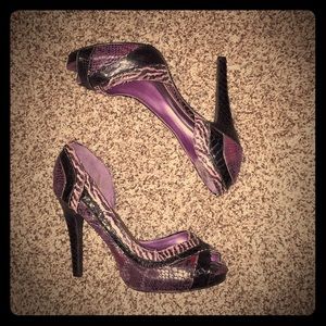 Purple snakeskin peep toe heels